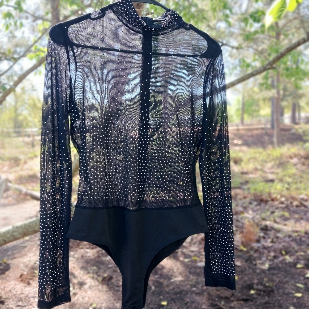 Black Sheer Bodysuit with Silver Rhinestones
